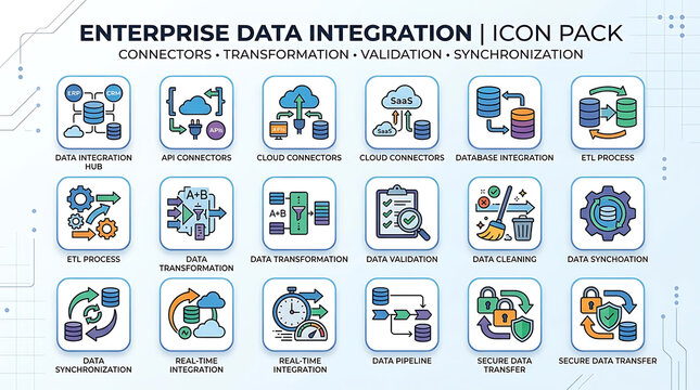 Comprehensive Set of Flat Vector Icons Illustrating Enterprise Data Integration and Cloud Synchronization Processes