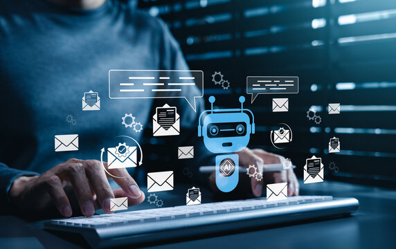 AI email assistant and smart inbox automation concept. Person typing on keyborad with chatbot, mail icons, messages, envelopes, auto reply, email generator, inbox management, customer communication