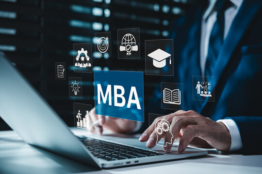 MBA program concept. Master of Business Administration. Businessman using laptop with business learning icons, education, leadership, global management, online degree, skills, growth, academic success