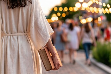 Fototapeta premium Woman holding a book in public place