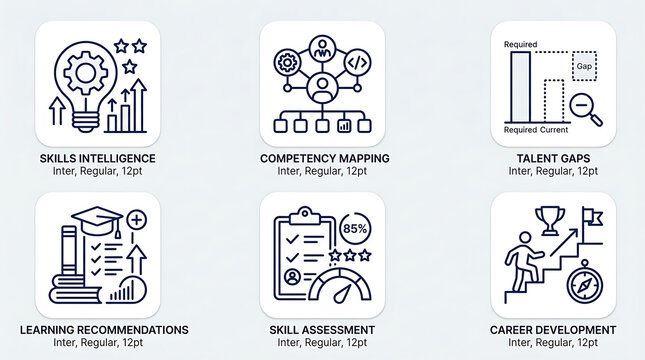 Set of outline icons representing various business concepts including skills intelligence, competency mapping, talent gaps, learning recommendations, skill assessment, and career development