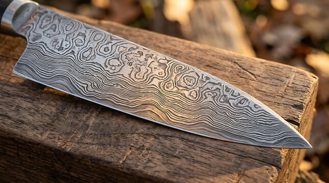 Damascus steel chef knife resting on a rustic wooden block