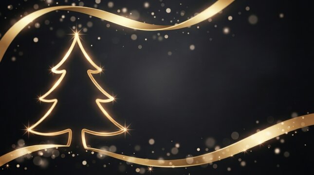 Abstract christmas tree outline with golden glowing ribbons and sparkles on a dark background