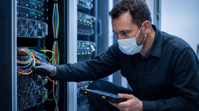 Professional technician inspecting server, focused engineer maintaining network infrastructure, concentrated man repairing data center cables