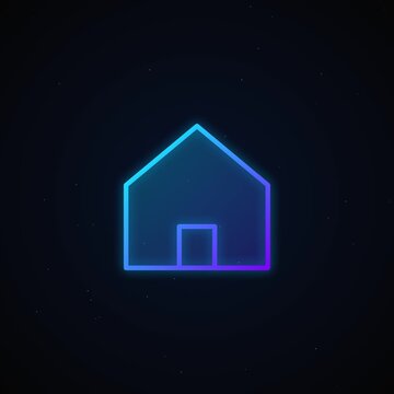 Neon home icon glows softly against deep space. Cyan to purple gradient defines its elegant outline. Silent starfield background adds cosmic mystery. Minimalist design suits modern digital interfaces