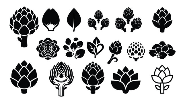 Collection of black artichoke silhouettes and botanical vegetable icons with artichoke vegetable botanical nutrition