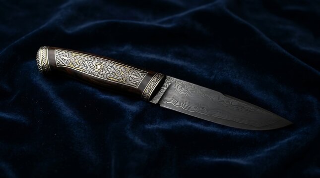 Ornate damascus steel knife with decorative handle on blue velvet