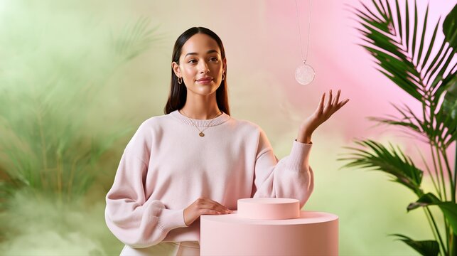 Beautiful young woman wearing a light pink sweater presenting a hanging ornament necklace against an abstract soft background with green plants.