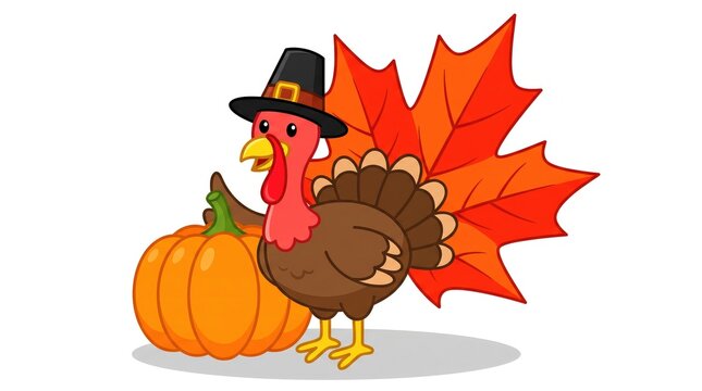 Festive turkey wearing a pilgrim hat with pumpkin for thanksgiving celebration