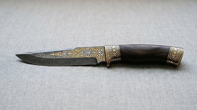 Ornate damascus steel hunting knife with gold filigree decoration