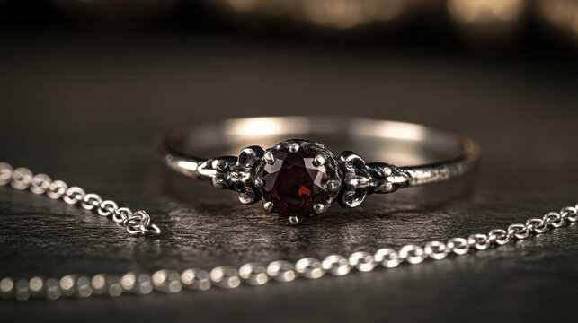 Macro photograph of an ornate silver ring with a deep red garnet gemstone beside a delicate silver chain on a dark textured surface