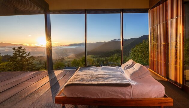 a peaceful spa bed faces large windows with a stunning sunrise view over serene mountain ranges creating a tranquil and relaxing atmosphere