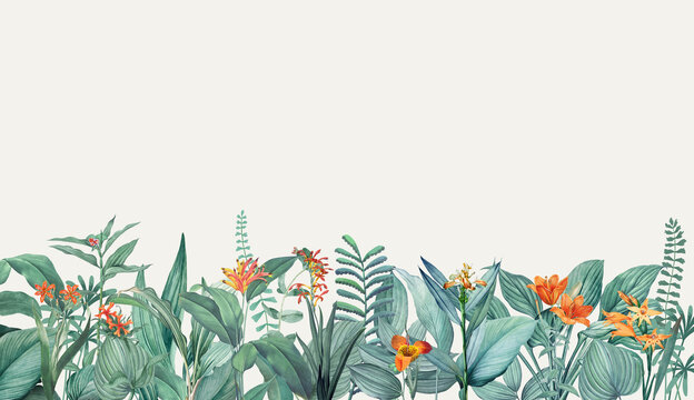 Watercolor Tropical Leaves and Orange Flowers Border on White Background