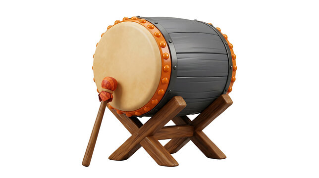 Traditional japanese taiko drum with wooden stand and mallet on a transparent background