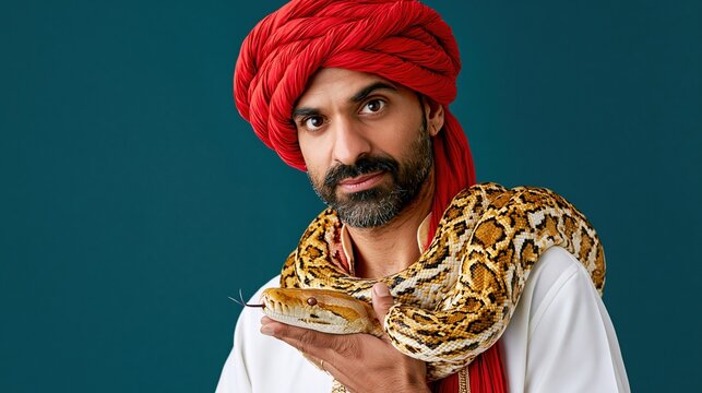 Indian man with red turban holding snake on dark blue background