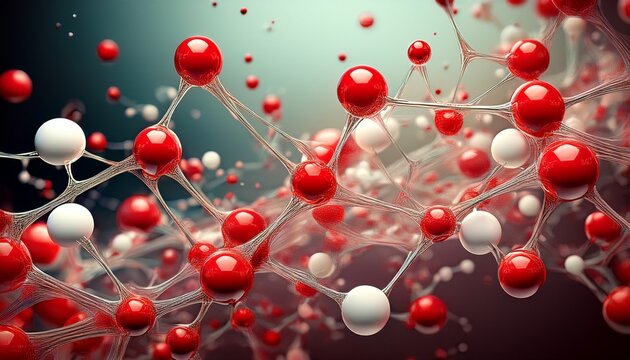 abstract depiction of molecular connections with red and white atoms concept of chemical reactions and biochemistry