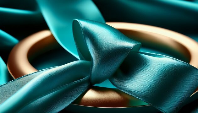 an abstract composition with a teal ribbon wrapping around a golden ring the textures feature highlights and shadows