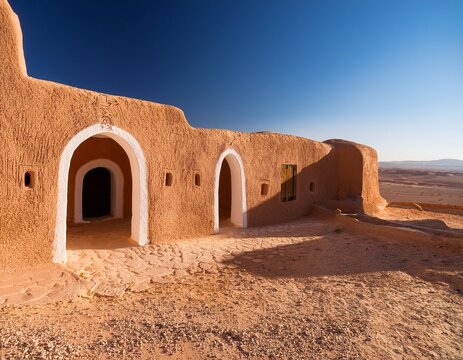 ancient earthen berber dwelling with arched doorways and whitewashed walls blends seamlessly into desert landscape near matmata tunisia