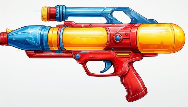 bright red blue and yellow water blaster toy isolated on white background generative ai