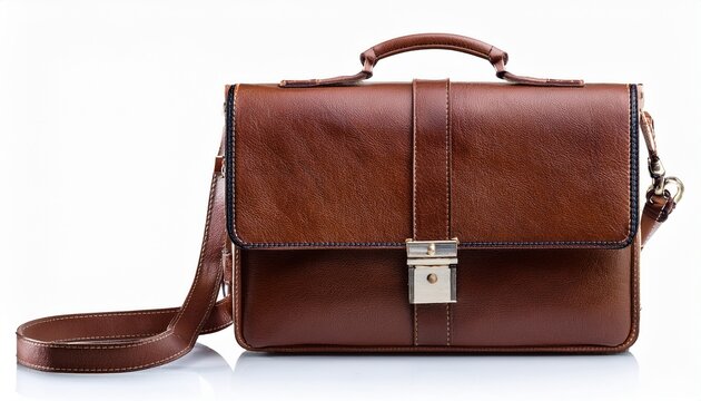 brown leather briefcase messenger bag with strap isolated on white background