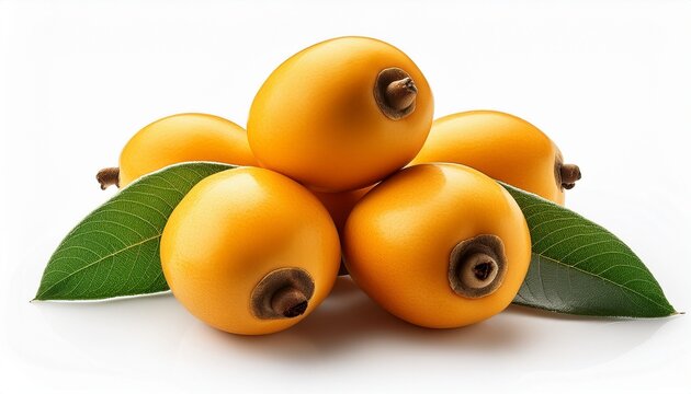 bunch of ripe yellow loquat fruits with green leaves isolated on a white background