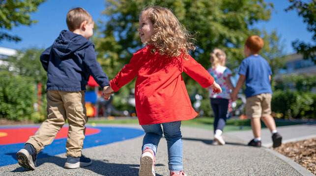 Rear view of energetic little children jumping and playing together on a bright playground, faces fully excluded from the composition, colorful outdoor play area, joyful childhood recreation, friend