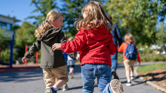 Rear view of energetic little children jumping and playing together on a bright playground, faces fully excluded from the composition, colorful outdoor play area, joyful childhood recreation, friend