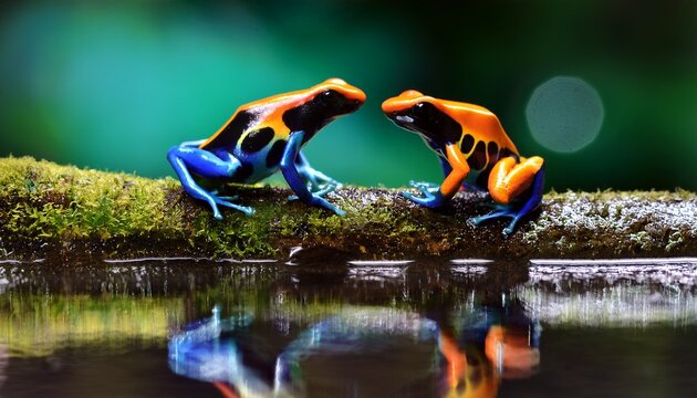 colorful poison dart frog amphibians sitting on mossy log near water surface