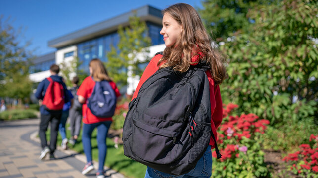 Rear view of multicultural students with backpacks walking toward a brightly illuminated school building, faceless composition, different ages and casual school outfits, sunny morning, contemporary 