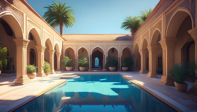 courtyard with central pool surrounded by arched openings generative ai