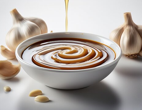 creamy garlic soy sauce swirl in white dipping bowl garlic bulbs in background sauce drips on clean white table culinary presentation with smooth liquid