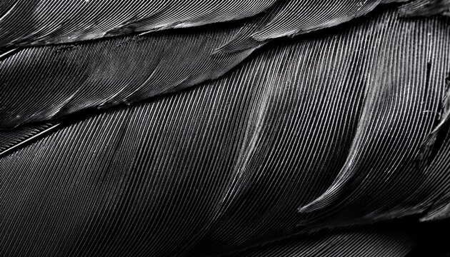 detailed monochrome macro view captures the texture of dark avian flight feathers