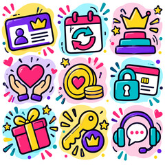 Fototapeta premium Vibrant icons symbolize rewards, access, and celebration. Bright colors express joy, trust, and discovery. Each element invites interaction or achievement. Perfect for apps, games