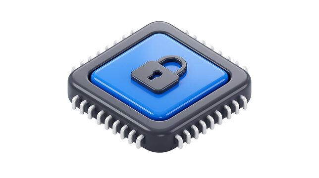 3d render of a computer chip with a lock icon isolated on transparent background on a transparent background