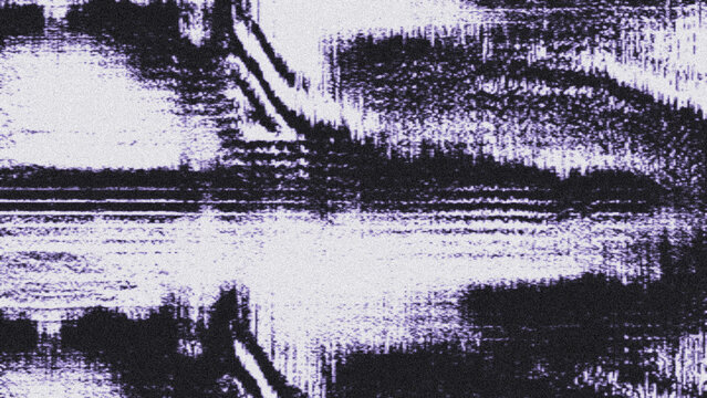 Abstract purple and black static noise texture with distorted lines for glitch art and retro video effects.