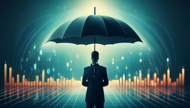 financial protection concept with umbrella covering business growth during economic uncertainty