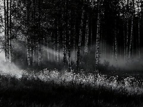 Birch forest meadow with mist and light in black and white