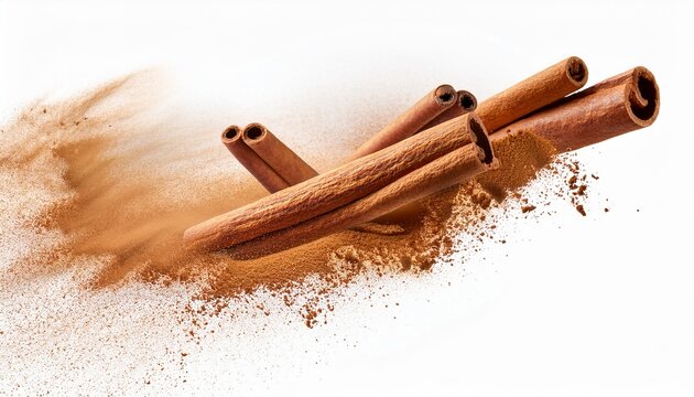 floating cinnamon sticks with powder in air on white background