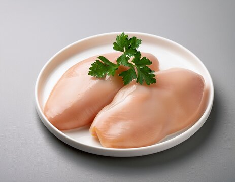 fresh raw chicken breasts on a white plate garnished with parsley ready for cooking