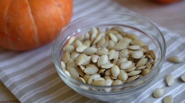 Raw dried pumpkin seeds in glass bowl close up with organic pumpkins on background.