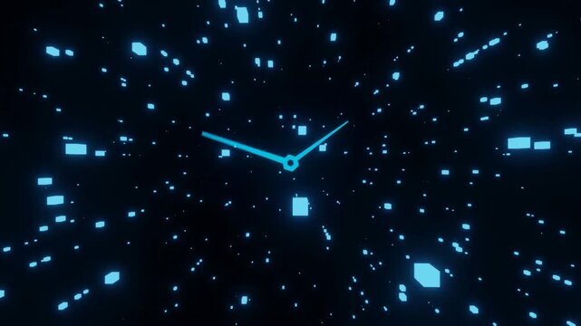 Clock hands with backward floating digital particles time lapse concept animation