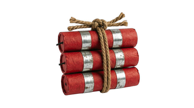 A tightly bundled stack of three red dynamite sticks secured with twine presented on a transparent background isolated on transparent background