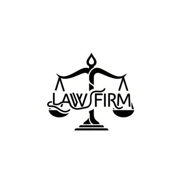 Black and white law firm logo featuring a minimalist scales of justice design with integrated 'LAW FIRM' text. Professional vector icon for legal services on a white background.