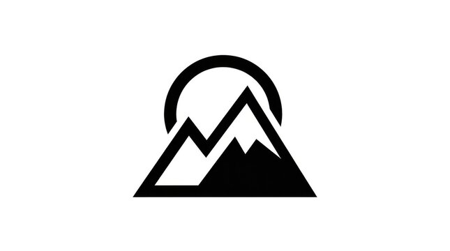 Minimalist black mountain icon featuring circular sun element vector graphic for professional logo design nature branding isolated symbol