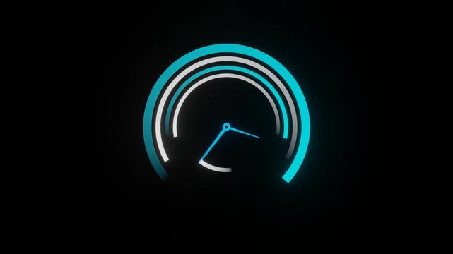Blue and white speed meter indicator with rotating clock hands and concentric curved circles on black background