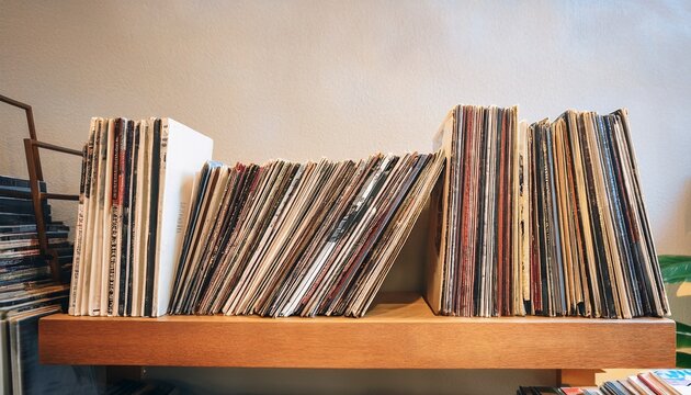 large stack of vintage vinyl record covers in bright cozy music store