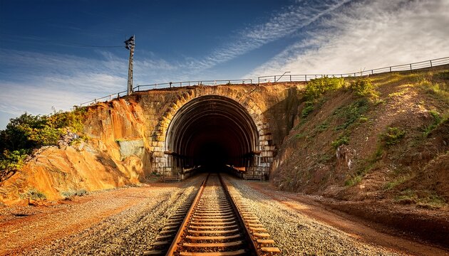 mine tunnel entrance with railroad tracks