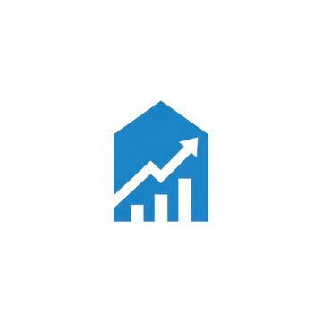 Blue house silhouette logo featuring a white upward growth arrow and bar chart on a plain white background; representing real estate market trends and financial property investment success.