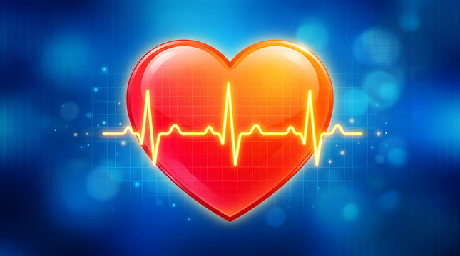 Human heart with electrocardiogram line on blue background