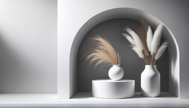 monochromatic white minimalist product display with cylindrical podium in architectural alcove niche contemporary still life scene with ceramic vessels and dried pampas grass